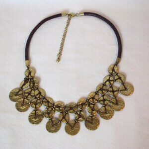 Brass Circles and Links Statement Necklace with Adjustable Brown Leather Cord